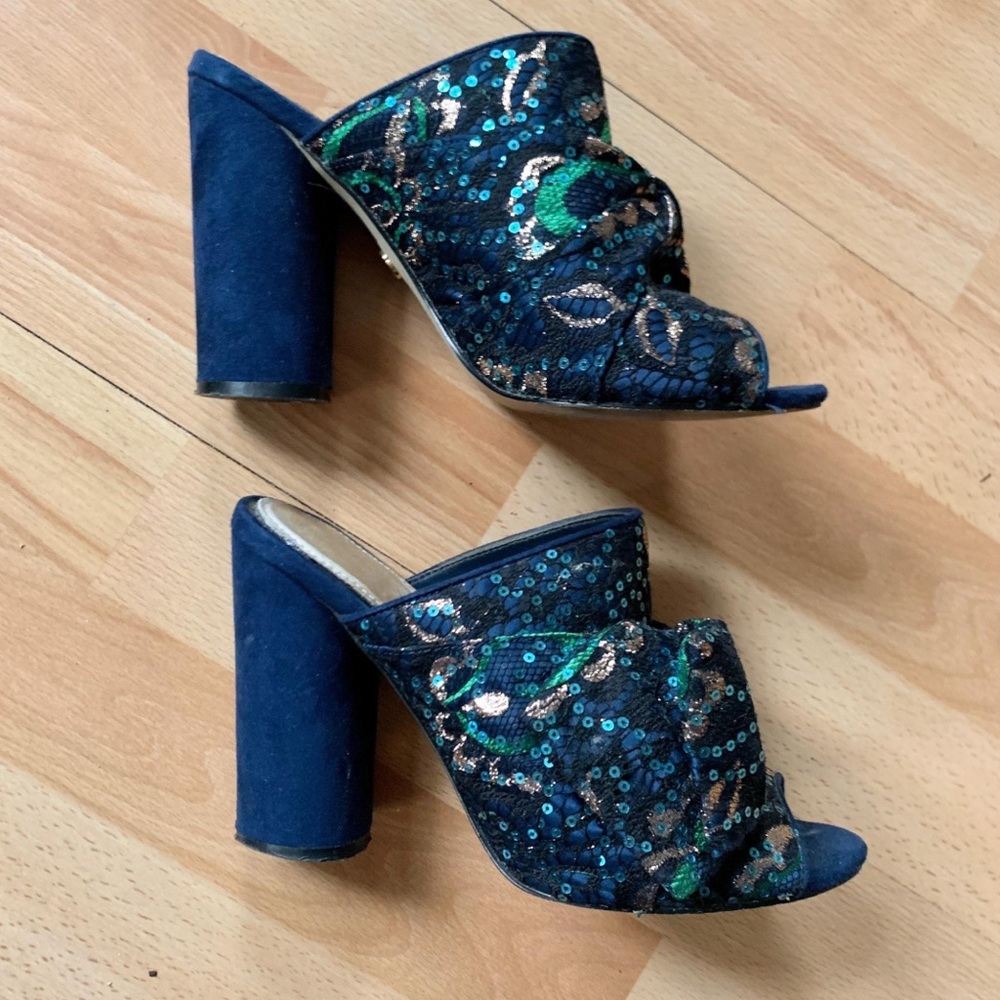 Elegant Peacock Blue Suede Sequin Women's Block Heel Mules with Bow Embellish